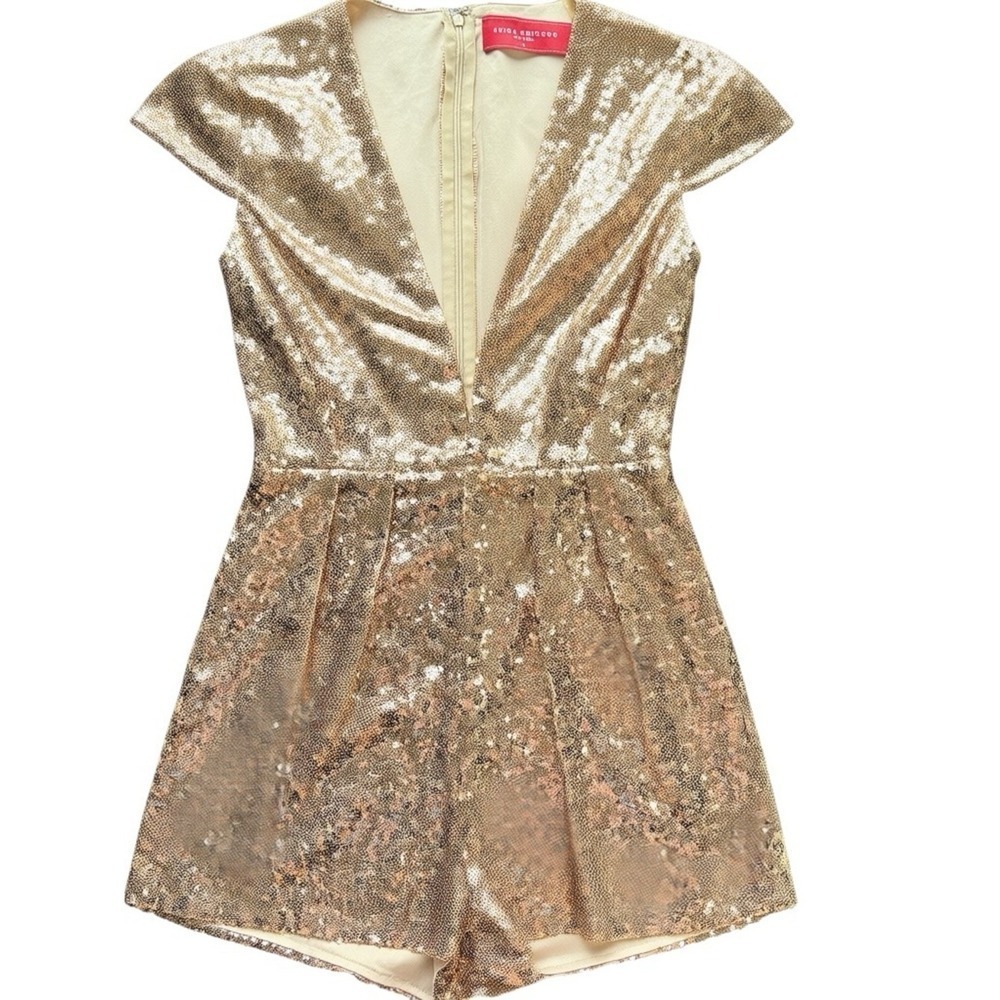 AKIRA CHICAGO‎ Gold Sequin Romper Deep V-Neck Pleated Party Playsuit S Statement